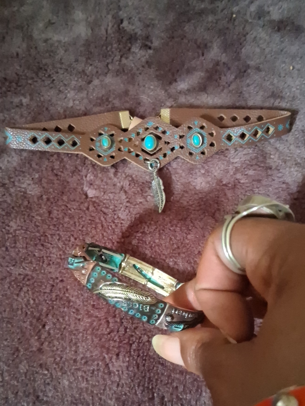 Boho Turquoise Accent Brown Leather Choker Necklace with Feather Charm